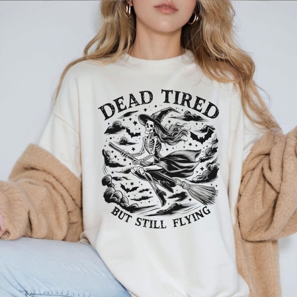 Dead Tired But Still Flying Skeleton Witch Halloween Broom T-shirt